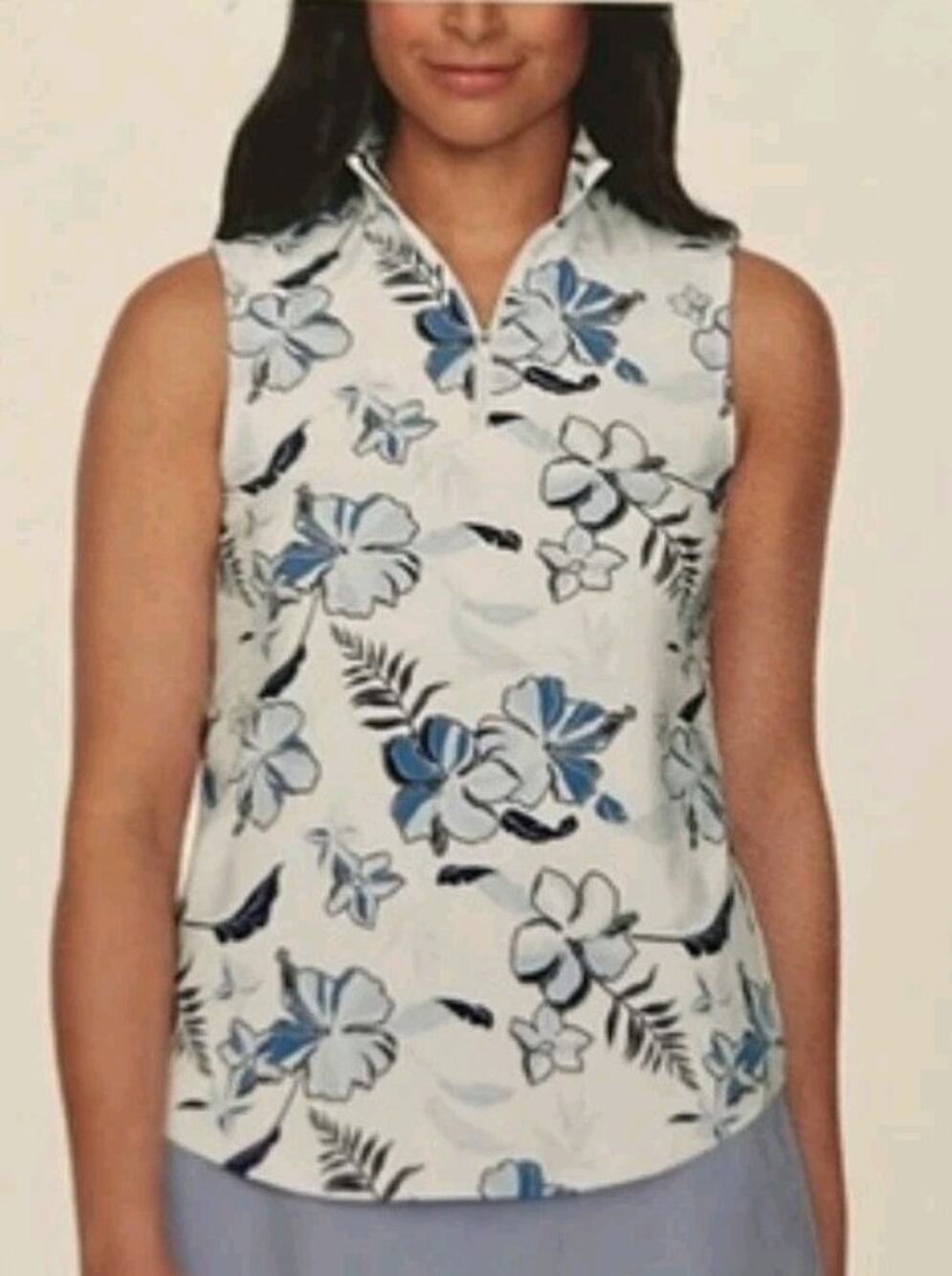 Izod Performance Sleeveless Zip Mock Neck Tank Top white blue floral